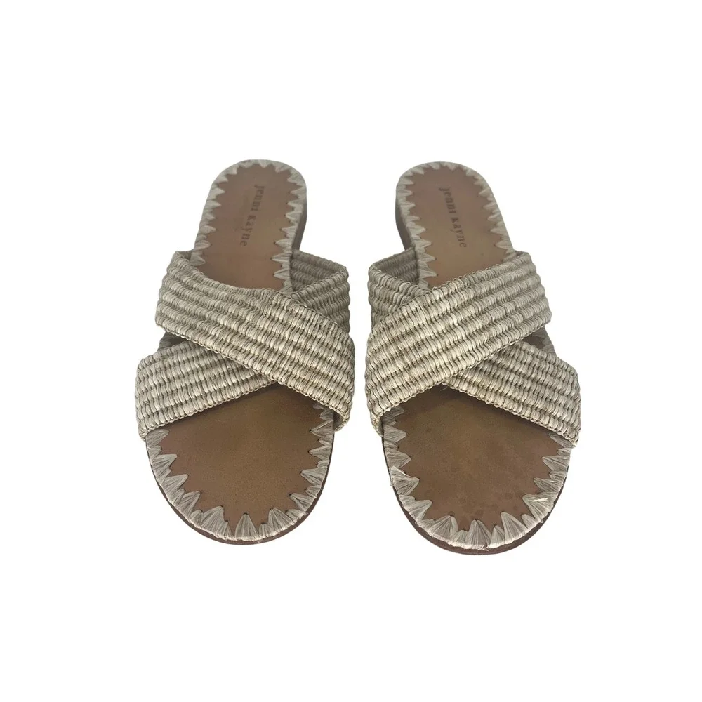 Jenni Kayne Raffia Crossover Sandals Tan Cream Woven Flat Slides Size 38